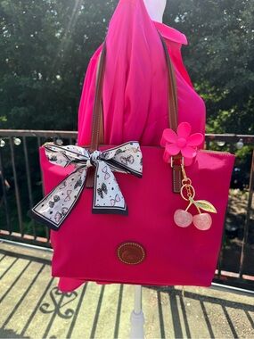 Dooney & Bourke Hot Pink Tote with Cherry Charm and Bow Scarf